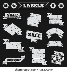 Stickers, tags and banners with grunge. Toilet paper icons. Kitchen roll towel symbols. WC paper signs. Sale or discount labels. Vector
