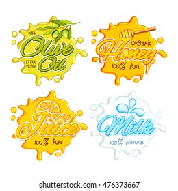 Stickers, Tags or Labels of Olive Oil, Organic Honey, Fresh Juice and Milk, Creative typographic set with splash, Vector illustration.