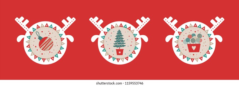 Stickers, tags, labels in the shape of a deer head with the symbols of Christmas,  Christmas tree, sweets, garlands, confetti. Vector illustration