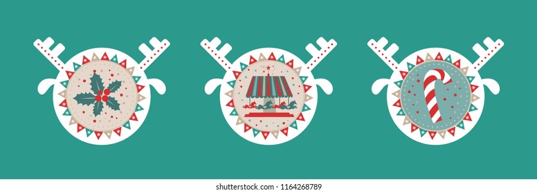Stickers, tags, labels in the shape of a deer head with the symbols of Christmas, sweets, Carousel with horses, Chritmas Mistletoe. Vector illustration