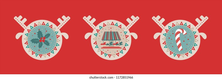 Stickers, tags, labels in the shape of a deer head with the symbols of Christmas, sweets, Carousel with horses, Christmas Mistletoe, sweets. Vector illustration