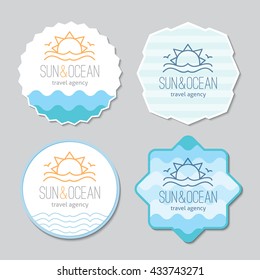 stickers templates set with logo for travel agency. Sun, waves and seagulls, single line design