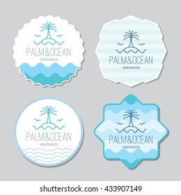 stickers templates set with logo for travel agency. Palm, seagulls, island and waves, single line design