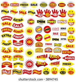 Stickers with text signs: extra, fresh, sale, bonus.