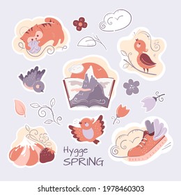 Stickers, theme and style of hygge. A set of cozy pictures. Vector, isolated.