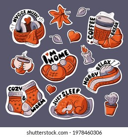 Stickers, theme and style of hygge. A set of cozy pictures. Vector, isolated.
