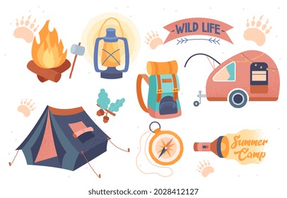 Stickers of tourist trip. Camping, Hiking, Adventure letterings. Tent, wagon, fire. Design elements for posters, postcards and banners. Cartoon flat vector collection isolated on white background