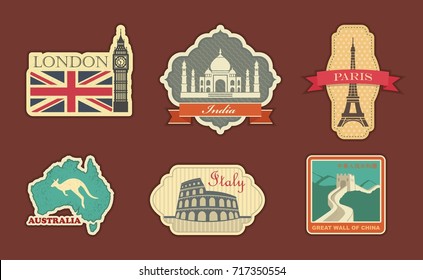 Stickers of travel. London India Paris Italy Australia China
