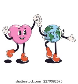 Stickers in trendy retro cartoon style. Earth Day concept. World Environment Day. Walking happy cute Earth planet character mascot and Heart. Vector illustration
