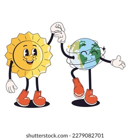 Stickers in trendy retro cartoon style. Earth Day concept. World Environment Day. Walking happy cute Earth planet character mascot and Sun. Vector illustration