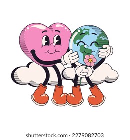 Stickers in trendy retro cartoon style. Earth Day concept. World Environment Day. Walking happy cute Earth planet character mascot and Heart. Vector illustration