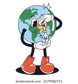 Stickers in trendy retro cartoon style. Earth Day concept. World Environment Day. Walking happy cute Earth planet character mascot Save water. Vector illustration