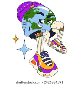 Stickers in trendy retro style. Earth Day concept. World Environment Day. Walking happy cute Earth planet character mascot with flowers. Vector illustration

