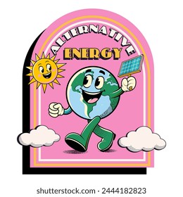 Stickers in trendy retro style. Eco world concept. World Environment Day. Walking happy cute Earth planet character mascot alternative energy. Vector illustration	