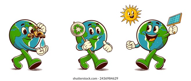 Stickers in trendy retro style. Сaring for the environment. Earth day concept. Walking happy cute Save Earth planet character mascot. Vector illustration