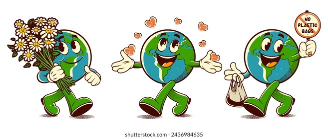 Stickers in trendy retro style. Сaring for the environment. Earth day concept. Walking happy cute Save Earth planet character mascot. Vector illustration