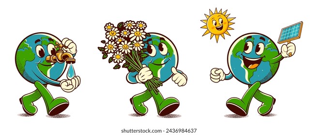 Stickers in trendy retro style. Сaring for the environment. Earth day concept. Walking happy cute Save Earth planet character mascot. Vector illustration