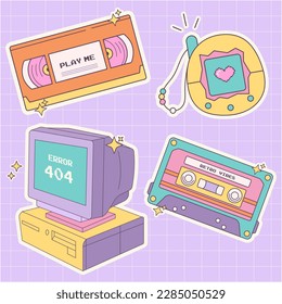 Stickers in trendy retro y2k style. Kawaii elements set. Glamour 2000s. Nostalgia for 1990s -2000s.Vector illustration
