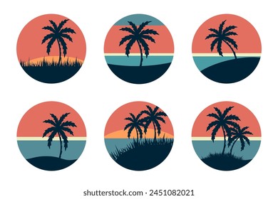 Stickers with tropical landscapes. Summer sunset. silhouette of palm tree. retro style. vector.