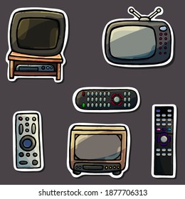 Stickers of tv, grey background, cartoon style, isolated, cartoon style, TV, telly, television, movie, show, media, cinema, 90's, technique, gift paper, print, fun, glue, cut, children, magazine, shop