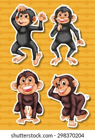 Stickers of two black and two brown monkeys on yellow background