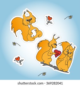 Stickers with two loved doodling squirrel, set design for St.Valentine Day.