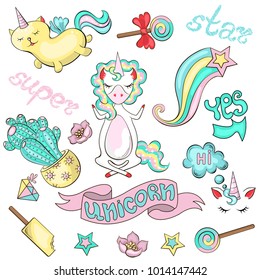 Stickers with a unicorn sitting in a lotus pose, rainbow, horn, cactus, sweets, inscriptions, superstar, hello, yes, a cat with wings, stars, arrows, flowers, flax, ice cream pink, blue, yellow, green