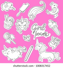 Stickers with unicorns, a cat with wings, a bird, ice cream, pyrolyzes, candy, bow, stars, comet, diamond, arrow, inscriptions, hello, yes, female power on a pink background. Coloring. Lettering