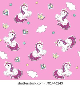 Stickers unicorns, crown, diamond and clouds on a pink background