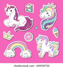Stickers unicorns and rainbow collection on a pink background