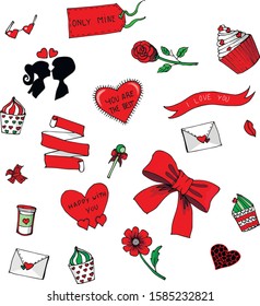 Stickers for Valentine's Day. Each element is made with love. The set can be used for various purposes