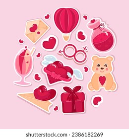 Stickers Valentine's Day set vector. Collection various items greeting cards Valentine's on a white background. Hearts with wings, heart balloon, love letter, love potion, gift. Vector illustration.