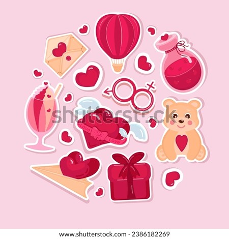 Stickers Valentine's Day set vector. Collection various items greeting cards Valentine's on a white background. Hearts with wings, heart balloon, love letter, love potion, gift. Vector illustration.