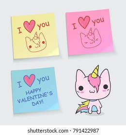 Stickers valentines day, unicorn kitty vector illustration