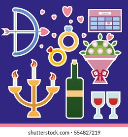 Stickers for Valentine`s Day, wedding, anniversary or celebration love. Icon hearts, wine, rings, candlestick, flowers, calendar, bow and arrow for website, app, design project. Vector illustration.
