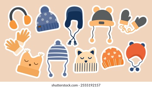 Stickers of various cute hats, mittens, gloves for girls and boys for cold weather. Funny hats for children's. Knitted hats for the winter season on a white background. Vector stickers, flat style.