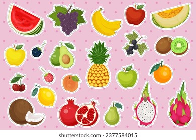 Stickers of various fresh fruits with outlines. Healthy vegetarian food. Collection of melon, banana, watermelon, pineapple, orange, apple, avocado. Vitamin diet, summer harvest. Vector illustration