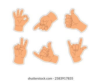 stickers of various hand gestures symbolizing communication, emotions and social interactions. Simple and recognizable marks for use in design, marketing and social media.