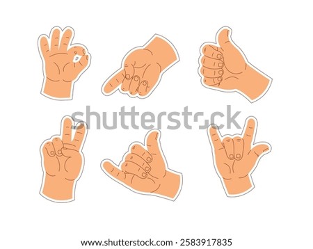 stickers of various hand gestures symbolizing communication, emotions and social interactions. Simple and recognizable marks for use in design, marketing and social media.