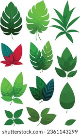 stickers of various plants on a white background, red color leaves, vibrant colors, high resolution, vector, colorful leaves, red color flowers     

