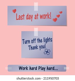 stickers of various sizes and shapes with inscriptions on a pink background, last day at work, turn off the lights