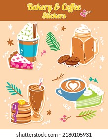Vector de pegatinas con panadería y mano de café dibujado