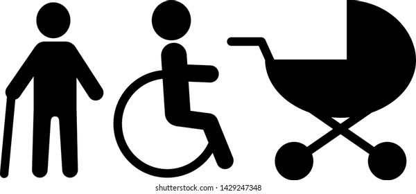  Stickers vector icons.This a person in a wheelchair, a man with a disability and elderly on crutches, baby stroller, vector icons.