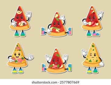 Stickers. Vector illustration of pizza. Pizza emoticons. Cartoon pizza designs