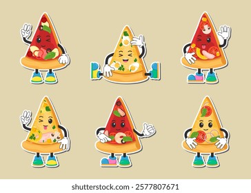 Stickers. Vector illustration of pizza. Pizza emoticons. Cartoon pizza designs