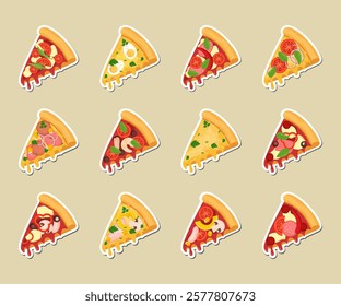 Stickers. Vector pizza slices set. Cartoon pizza slice illustrations