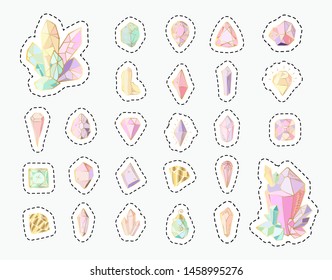 Stickers vector set - blue, golden, pink, violet, rainbow crystals or gems, isolated patches on white background, symbols collection with gemstones, quartz, diamonds, hand drawn or doodle illustration