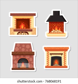 Stickers vector set different colorful home fireplaces with fire and firewood on gray background. Design elements, sticky labels in flat style - stock illustration