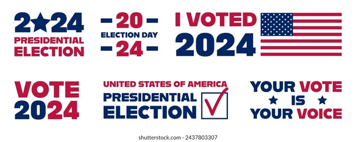 Stickers for voting in the USA. Set with USA flag for the 2024 US Presidential Election Day.