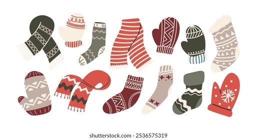 Adesivos de roupas quentes de inverno: cachecóis, chapéus, meias, luvas. Adesivos de Natal de ano novo em estilo cartoon. Acolhedor férias sazonal vetor ilustrações em estilo groovy escandinavo retrô